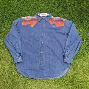 Vintage 80s Southwestern Aztec Shirt Womens L 20x24 Cowgirl USA Blue Yoke
